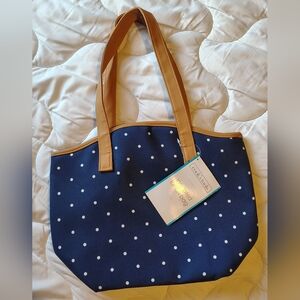 Insulated Lunch Bag Polka Dot Navy Tote with Tan Handles NWT